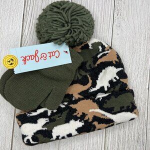 Little Kids Beanie Set Toddlers‎ Dinosaur Camo with Mittens New